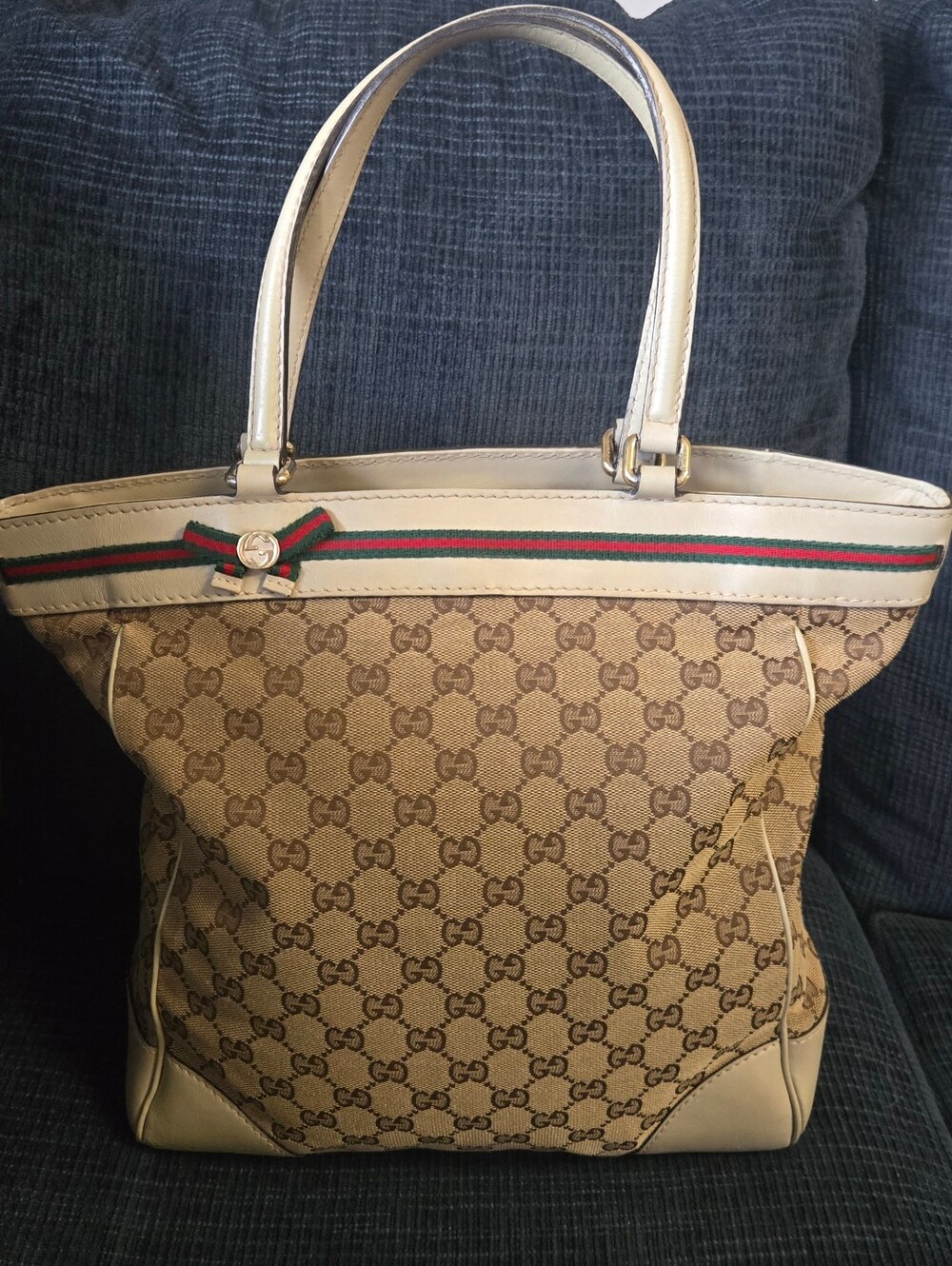 Gucci Beige/Tan GG Canvas Tote with Cream Leather Trim